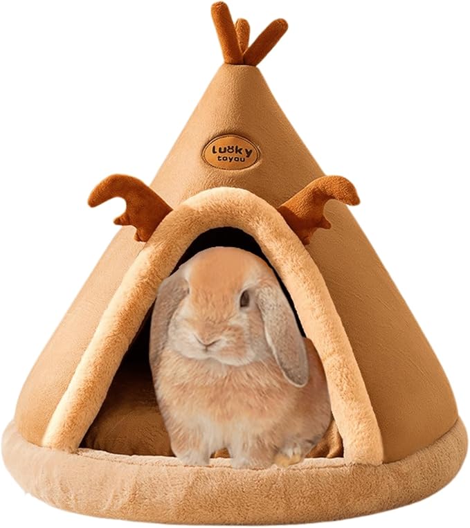 Rabbit Cave Bed, Comfortable Triangle Pet Teepee, Holiday Bunny Cave House and Bed, Extremely Cozy and Warm Tent for Cat Rabbit and Small Dog (Brown,Small)