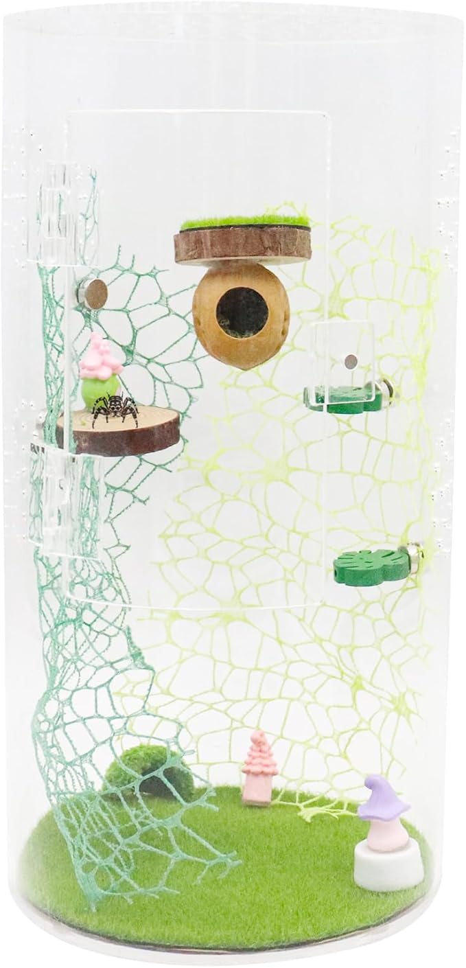 2 Pack Jumping Spider Enclosure Accessories, Magnetic Walnut Hide with Wooden Platform, Plastic Grass Topper, Spider Hideout with Moss for Terrariums