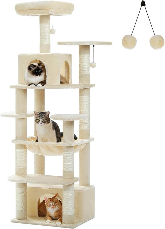 64.5-inch Multi-Level Cat Tree for Indoor Cats with Large Metal Frame Hammock - Plush Cat Tower with 2 Top Perches, 2 Condos, 7 Scratching Posts & Pompoms, Sturdy Pet House Toys, Beige