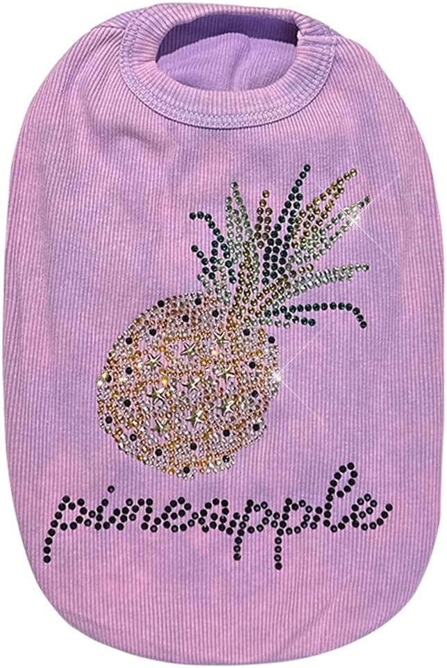 Washed Cotton Pet Vest with Rhinestone Fruit Designs, Soft & Stylish Small Dog Cat Vest for Spring Summer, Breathable & Shiny (Purple-Pineapple, Medium)