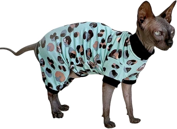 Sphynx Cat Four Leg Cotton Pajamas Elastic Pet Clothes for Hairless Cats Surgery Recovery Suit Undershirt Thermal Clothes for Sphynx, Devon, Cornish (Mint Leopard, L)