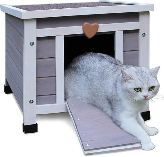 Deblue Weatherproof Cat House for Outdoor Cats, Wooden Small Pet House Outside, Feral Cat Shelter with Elevated Floor and Lockable Door - Grey