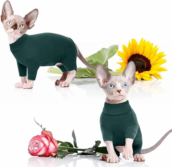 ROZKITCH Hairless Cat Clothes, Breathable Soft Cat Jumpers for Cats Only, Cat Coat with Four Legs, Warm Cat Sweater Cat T-Shirt Cat Pajamas Jumpsuit Vest Cornish Rex Devon Rex Peterbald DarkGreen XL