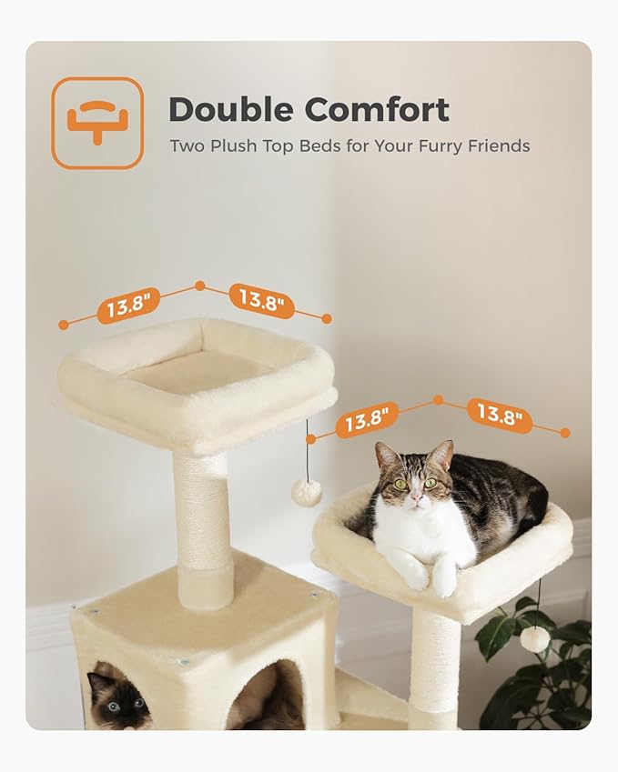 Tall Cat Tree 70.9", Large Cat Tower for Indoor Cats, Multi-Level Plush Cat Condo with 6 Scratching Posts, 2 Scratching Boards, 2 Perches, 2 Caves, Hammock, 2 Pompoms, Beige