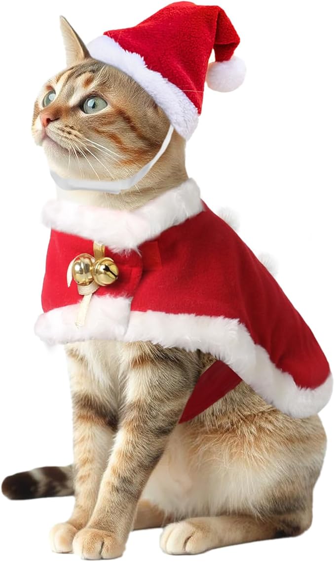 Cat Christmas Costume with Santa Hat and Cloak Cat Xmas Outfit for Kitten/Puppies/Home Christmas Decoration