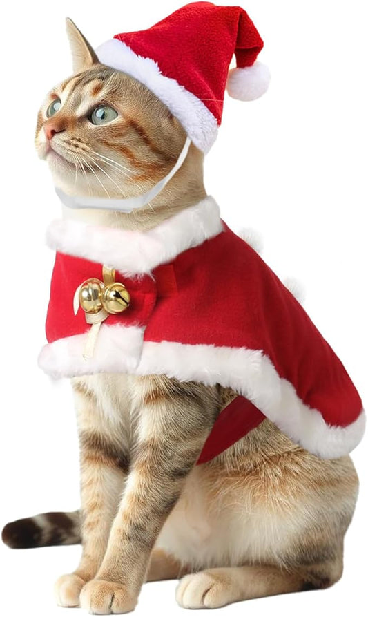Cat Christmas Costume with Santa Hat and Cloak Cat Xmas Outfit for Kitten/Puppies/Home Christmas Decoration