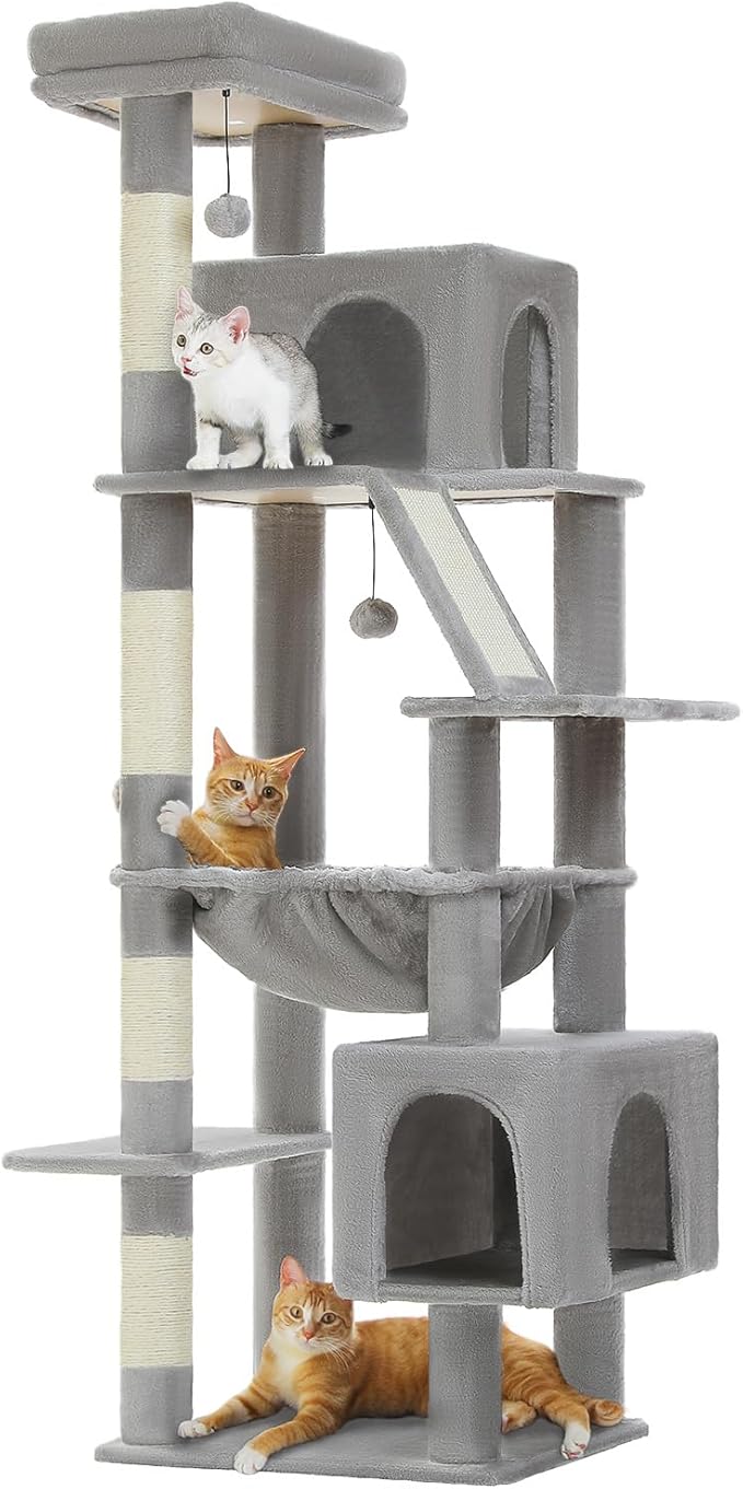 71" Tall Cat Tree for Large Cat 20 lbs with Super Large Hammock, Heavy Duty Cat Tower with 4 Sisal Scratching Posts & 2 Spacious Condos for Big Adult Cats Maine Coon-Grey