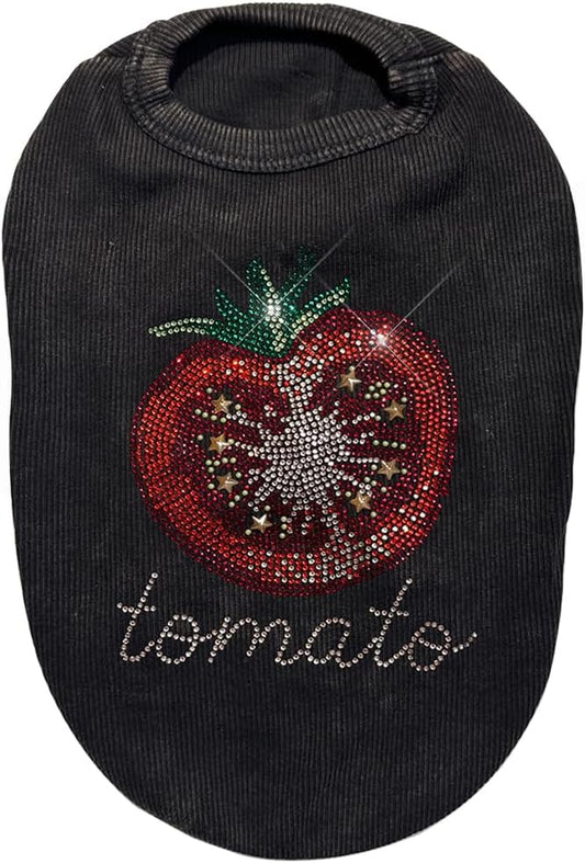 Washed Cotton Pet Vest with Rhinestone Fruit Designs, Soft & Stylish Small Dog Cat Vest for Spring Summer, Breathable & Shiny (Black-Tomato, Small)
