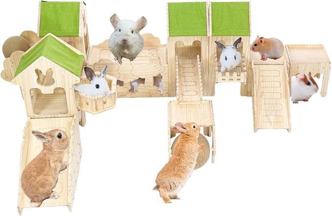 Wooden Guinea Pig Hideout, Bunny Houses and Hideouts Climbing Toys, Hamster Maze, Small Animal Accessories for Rabbit, Chinchilla, Rat, Mice, Gerbil (Combinations 13)