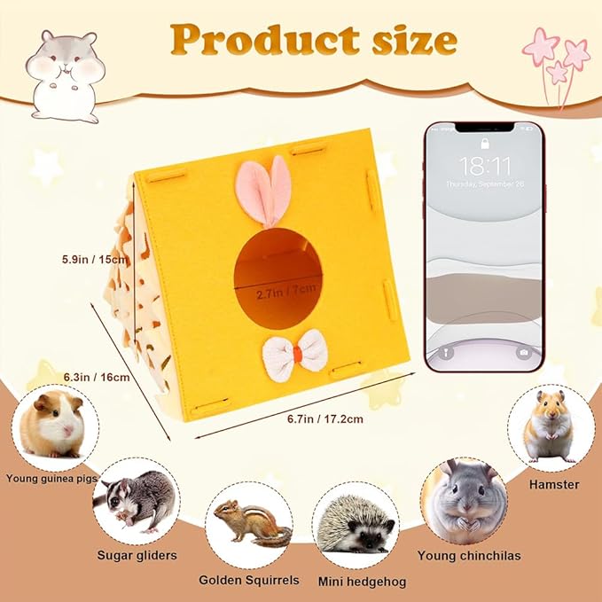 Hamster Hideout Tent (7"×6.5"×5.7") - Hamsters Hut with Bunny Ears, Tassel Curtain & Breathable Mesh - Small Pet Sanctuary for Hamsters,Young Guinea Pigs, Sugar Gliders