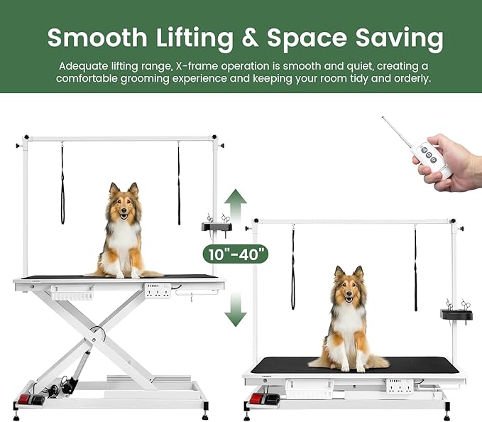 Electric Lift Pet Dog Grooming Table, 50Inch Height Adjustable Grooming Table for Large Dogs with Two Nooses, Wireless Remote, Tool Organizer, White
