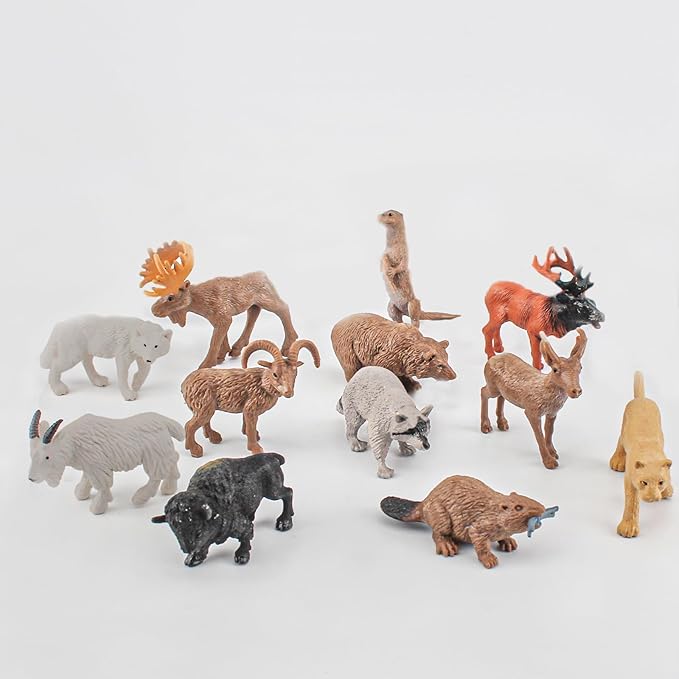1-2 Inch North American Animals Set Mini Wild Animals Figurines Set Plastic Wolf Figure Moose Figure Toy Gift for Kid Toddlers Raccoon for Cake Topper