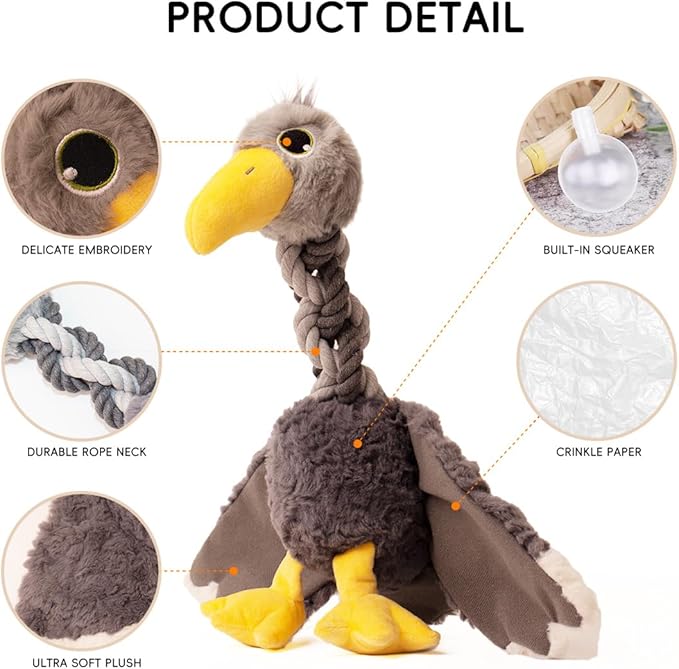Squeaky Dog Toys for Large and Medium Breeds and Pupplies, Stuffed Doggy Chew Toys with Crinkle Paper and Durable Ropes, Soft Tug Plush Dog Toys for Teething (Grey Bird)