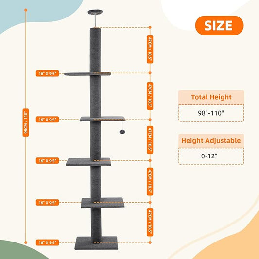 Cat Tree Floor to Ceiling Cat Tower 5-Tier Carpet Kitten Tree Cat Climbing Tower with Adjustable Height 98"-108", Tall Cat Trees with Platforms and Dangling Balls for Indoor Cats, Medium Grey
