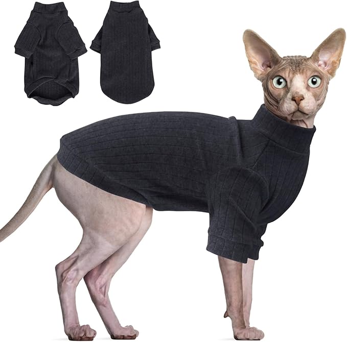 Idepet Sphynx Hairless Cats Sweater Shirt Kitten Soft Puppy Clothes Pullover Cute Cat Pajamas Jumpsuit Cotton Apparel Pet Winter Turtleneck for Cats and Teacup Chihuahua Small Dogs(Black,L)