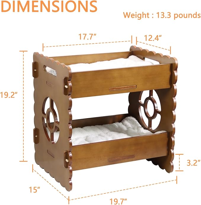 Wooden Cat Bed,Elevated Cat Bed Furniture,Cat Bunk Beds for 2 Indoor Cats,Wood Cat Condo with Mattress,Protect Cat's Hip Joint,All Seasons,Sturdy and Durable(19.7"x15"x19.2",Brown)