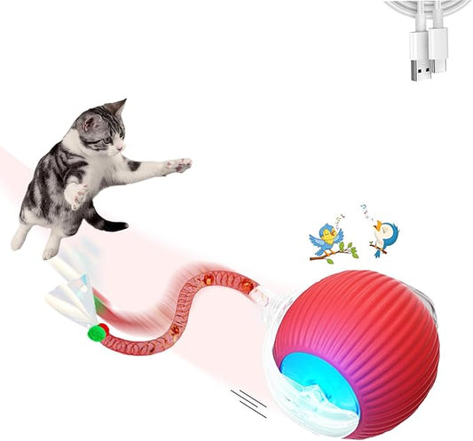 1PC Interactive Cat Toys for Indoor Cats,2025 New Generation Interactive Cat Ball Toy with Elastic Mesh Tail,Automatic Cat/Kitten Toys with Chirping & Motion Activate,Cat Toys for Bored Indoor,Red