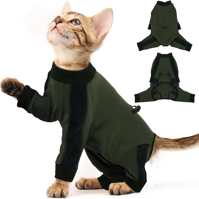 Cat Pajamas for Cats Only, Sticky Hair Cat Clothes, Long Sleeve Sphynx Clothes, Anti-Licking or Skin Disease Recovery Suit for Female Cats, Kitten Onesie Pajamas, ArmyGreen, S