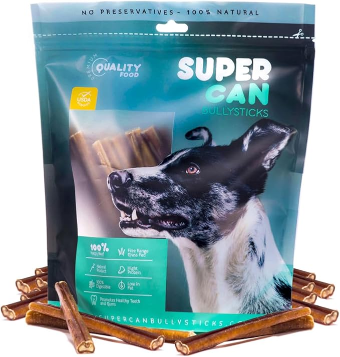 SUPER CAN BULLYSTICKS Bully Sticks for Large Dogs and Feroucious Chewers All Natural Dog Chews, Free Range Grass Fed Beef Sticks Treats. (6" Junior (25-Pack))