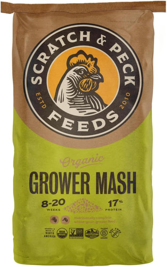 Scratch and Peck Feeds Whole Grain Grower Mash Chicken and Duck Feed - 25 lbs Bag - Corn-Free and Soy-Free - 17% Protein, Certified Organic and Non-GMO Project Verified Chicken Food