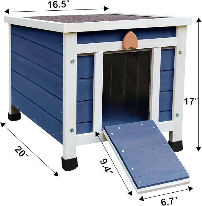 Deblue Weatherproof Cat House for Outdoor Cats, Wooden Small Pet House Outside, Feral Cat Shelter with Elevated Floor and Lockable Door - Blue
