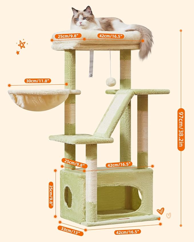 Taoqimiao Cat Tree,38.5-Inch Cat Tower for Indoor Cats,Suitable for Kittens with Luxurious cat condo with Adjustable Baskets and Luxurious Perch MS029SGB Green and Beige