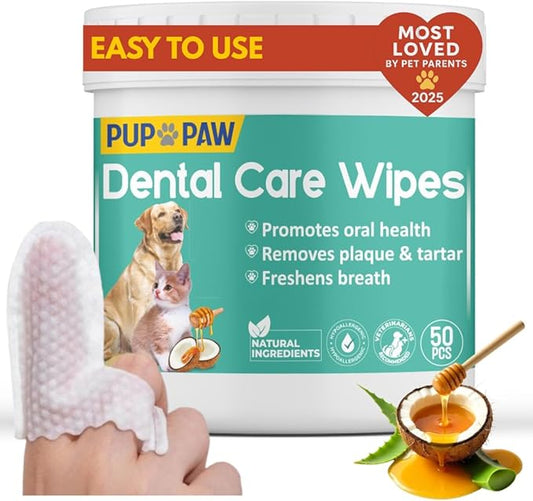 Vet Recommended Dog & Cat Dental Wipes – Teeth Cleaning Finger Wipes for Pets, Remove Plaque & Tartar, Freshen Breath, Easy Daily Oral Care – 50 Count