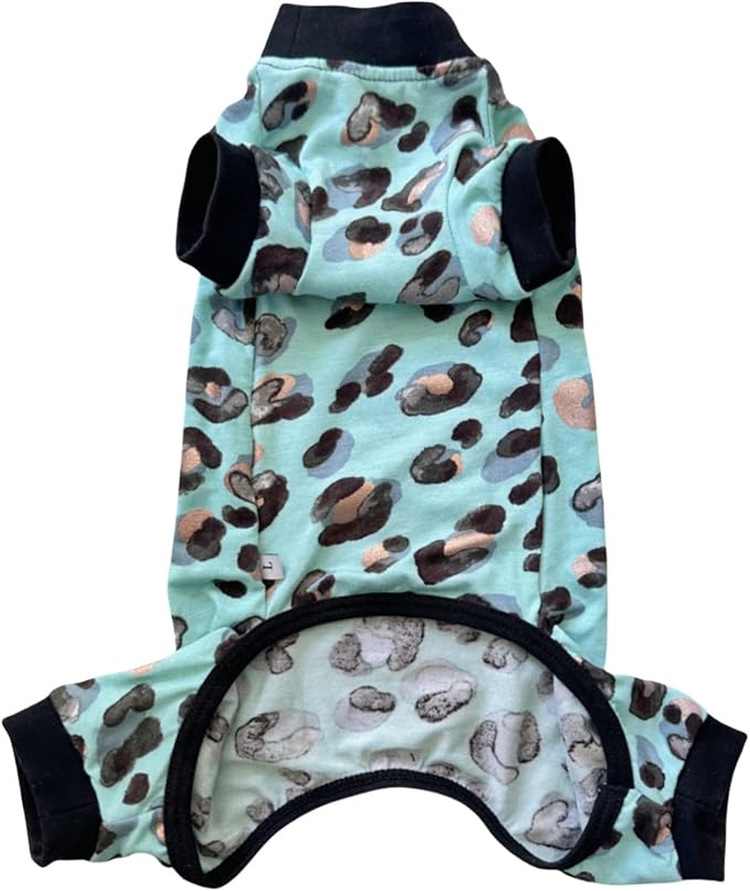 Sphynx Cat Four Leg Cotton Pajamas Elastic Pet Clothes for Hairless Cats Surgery Recovery Suit Undershirt Thermal Clothes for Sphynx, Devon, Cornish (Mint Leopard, L)