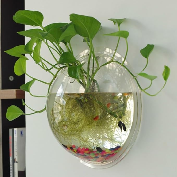 Mipcase Air Plants Fish Aquarium Fish Tank, Wall Mounted Fish Bowl Hanging Aquarium Fish Tank Vase Transparent Small for Home Office Room Decor (15cm Diameter) Betta Glass Vase
