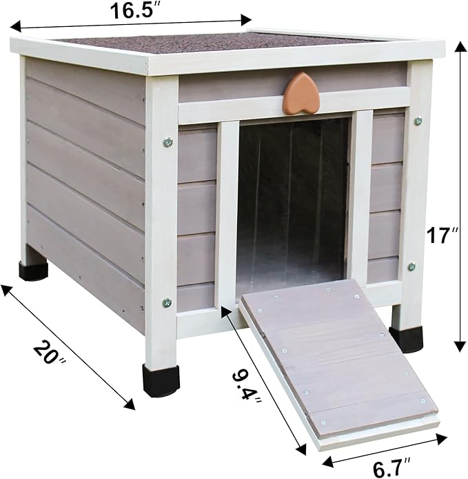 Deblue Weatherproof Cat House for Outdoor Cats, Wooden Small Pet House Outside, Feral Cat Shelter with Elevated Floor and Lockable Door - Grey