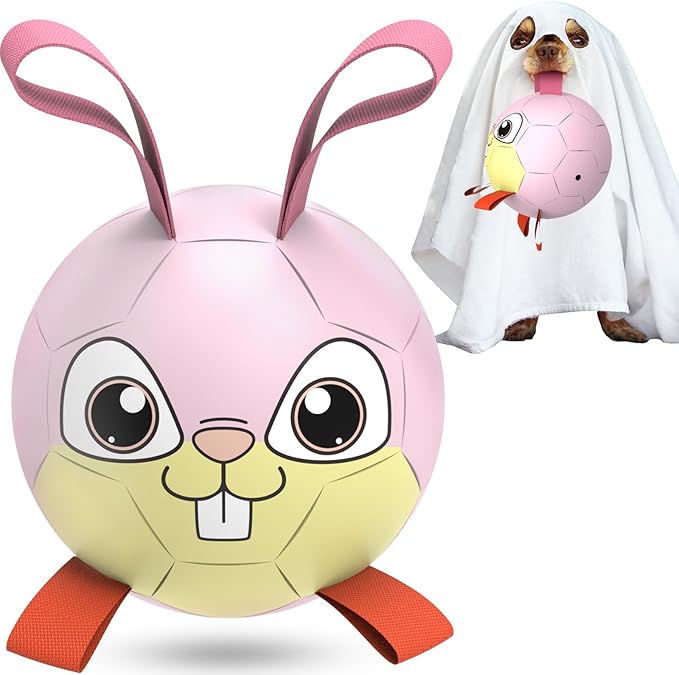 QDAN Rabbit Dog Toys Soccer Ball with Straps, Easter Day Dog Toys for Medium Small Dogs (6 Inch)