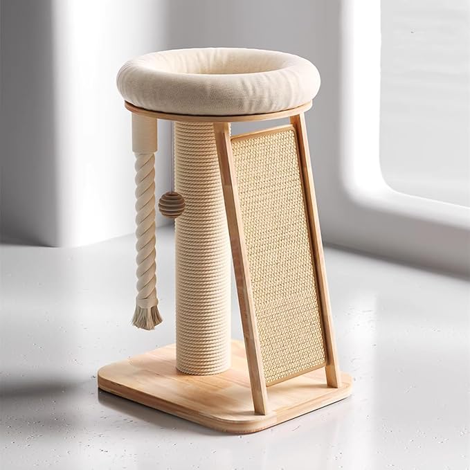 SHENGOCASE Modern Natural Wood Cute Multifunctional Cat Tree Tower Small, Large Top Perch Bed, Sisal Scratching Post, Tilted Angled Ramp Scratcher, Climbing Rope Toy