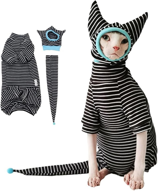 Sphynx Cat Clothes Black Stripe Breathable Shirts Suit, Pet Hat and Shirt Set (X-Small,1-2lbs)