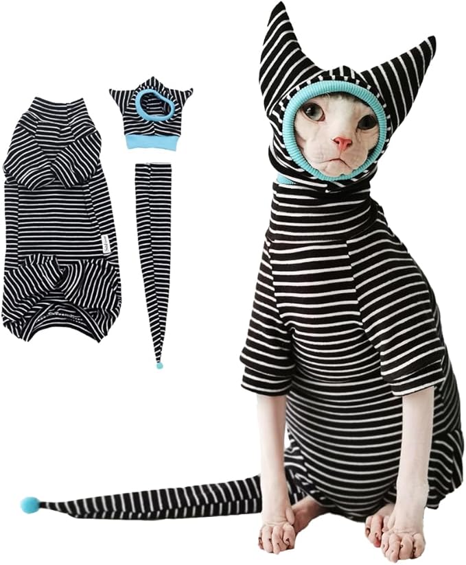 Sphynx Cat Clothes Black Stripe Breathable Shirts Suit, Pet Hat and Shirt Set (Large)