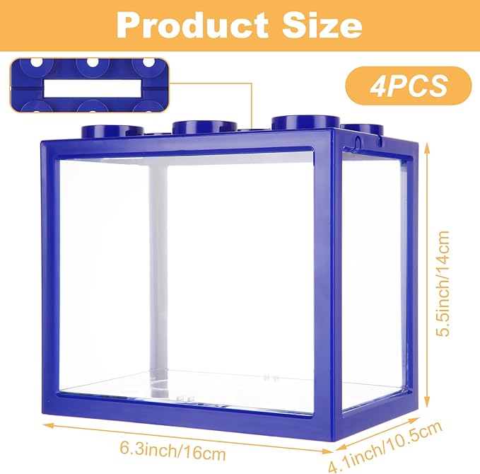 4PCS Plastic Small Betta Fish Tank, 0.6 Gallon Stackable Fish Bowl, Cube Fish Aquarium Tank for Shrimp, Turtle, Small Crab (Black)