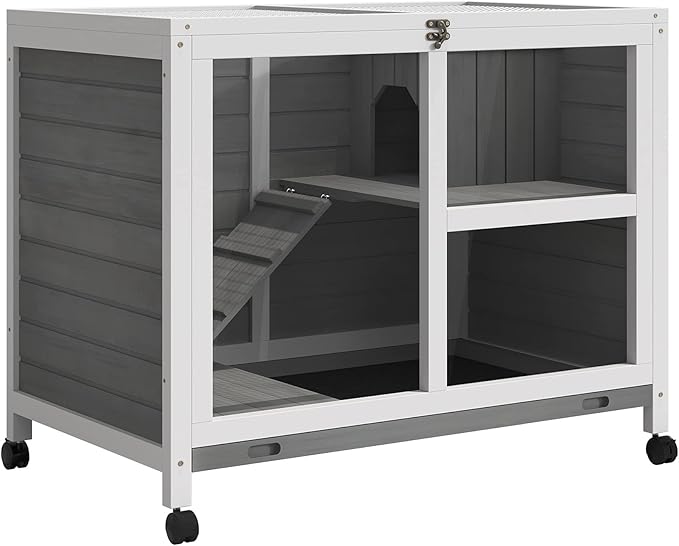 PawHut Rabbit Hutch with Wheels, Desk and Side Table Sized, Wooden Rabbit Cage, Waterproof Small Bunny Cage with Removable Tray, Openable Roof, for Indoor & Outdoor, Gray