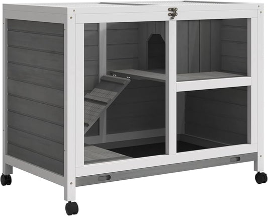 PawHut Rabbit Hutch with Wheels, Desk and Side Table Sized, Wooden Rabbit Cage, Waterproof Small Bunny Cage with Removable Tray, Openable Roof, for Indoor & Outdoor, Gray