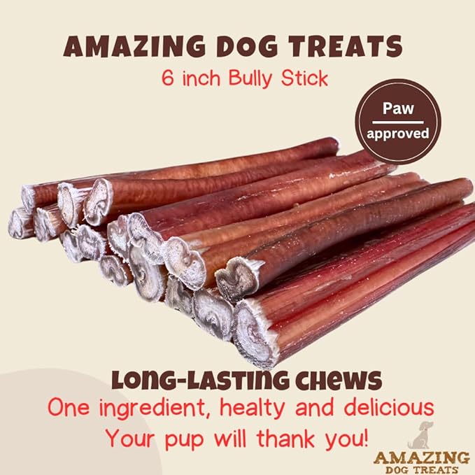 Amazing Dog Treats - 6 Inch Medium Size Bully Sticks (20 Count) - Bulk Bully Sticks for Dogs - No Hide Bully Stick Dog Bones
