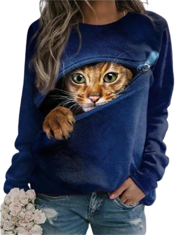 IVERIRMIN Women's 3D Cute Cat Print Sweatshirt Casual Long Sleeve Crewneck Cute Cat Pullover Loose Fit Shirts