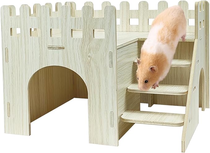 Wood Hamster Hideout House Habitat Wooden Maze Hide Hut with Platform Cage Accessories Toys for Syrian Dwarf Gerbils Mouse Mice Rat Other Small Animals etc. (03 Palisade House)