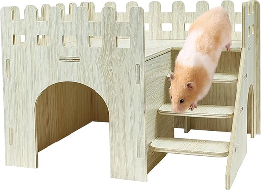 Wood Hamster Hideout House Habitat Wooden Maze Hide Hut with Platform Cage Accessories Toys for Syrian Dwarf Gerbils Mouse Mice Rat Other Small Animals etc. (03 Palisade House)