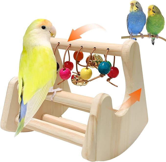 Bird Toys for Parakeets, Bird Perch Toy, Interactive Rocking Parakeet Toys, Enrichment Cockatiel Toy, Wooden Stand for Parakeets Cockatiels Lovebirds Conures Budgies