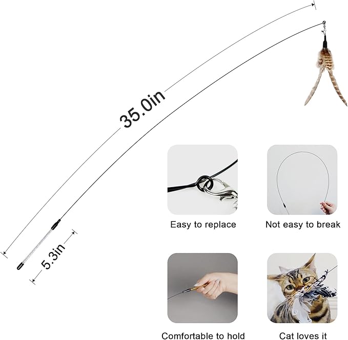 TTcat Cat Wand Toys,Interactive Bird Toy Set,35'' Flexible Steel Wire and 4Pcs Feather Refills,Teaser Toys for Indoor Cat and Kitten.