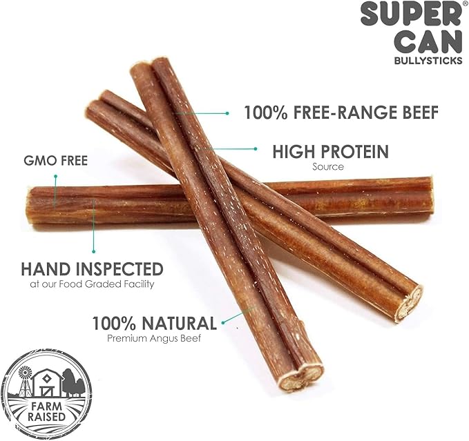 SUPER CAN BULLYSTICKS Bully Sticks for Large Dogs and Feroucious Chewers All Natural Dog Chews, Free Range Grass Fed Beef Sticks Treats. (6" Junior (25-Pack))