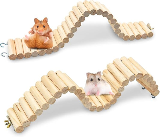 kathson 2Pcs Wooden Hamster Suspension Ladder Bridge,Bendable Long Climbing Ladders Pet Cage Toy Accessories Hideout Natural Chew Balls for Mouse Chipmunk Rabbits and Other Small Animals