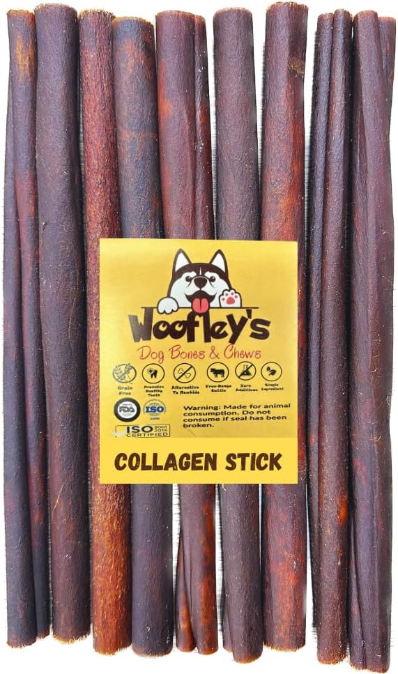 Woofley's 12 Inch Beef Collagen Sticks for Dogs (8 Count) Bully Stick Rawhide Alternative Dog Chews No Hide Bones for Medium & Large Dogs