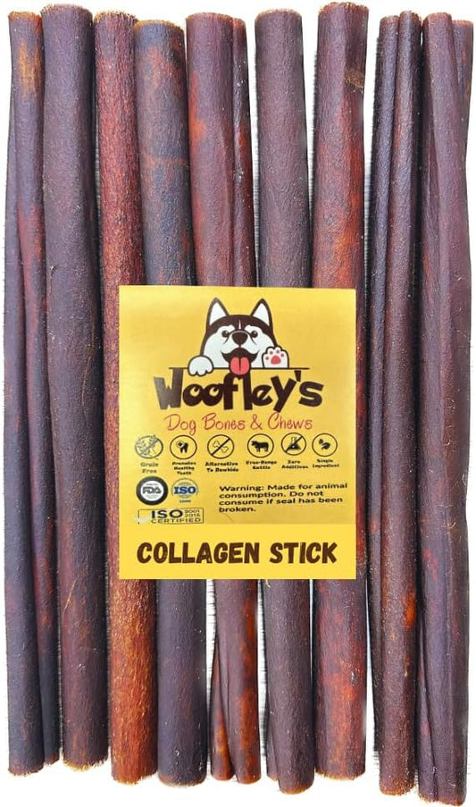 Woofley's 12 Inch Beef Collagen Sticks for Dogs (8 Count) Bully Stick Rawhide Alternative Dog Chews No Hide Bones for Medium & Large Dogs