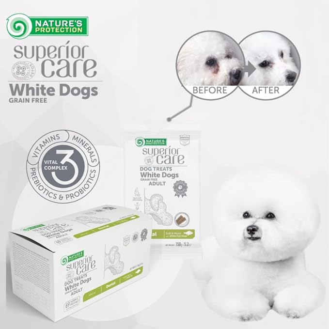 Nature's Protection Dental Chews for Dogs Teeth - Fights Bad Breath - Grain Free Dog Dental Treats for Small & Large Breed Adult Dogs with Light Fur, 5.2 oz (Superior Care - White Fish, Pack of 5)