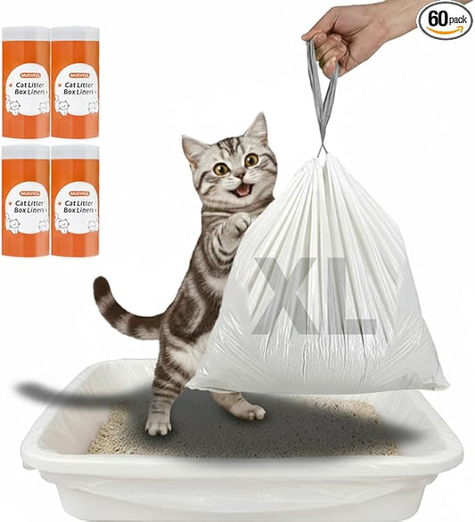 Cat Litter Box Liners, 60 Count Jumbo Size Litter Box Bags with Drawstring, Large Heavy Duty Litter Liners for Self Cleaning Cat Litter Box, Tear Leak Resistant for Pet Supplies(37" x 18")