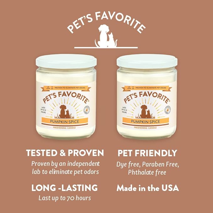 Pet's Favorite Pet Odor Candle, Clean Burning, Long Lasting Scented Candles with a Cotton Wick. (Pumpkin Spice, Pack of 2)